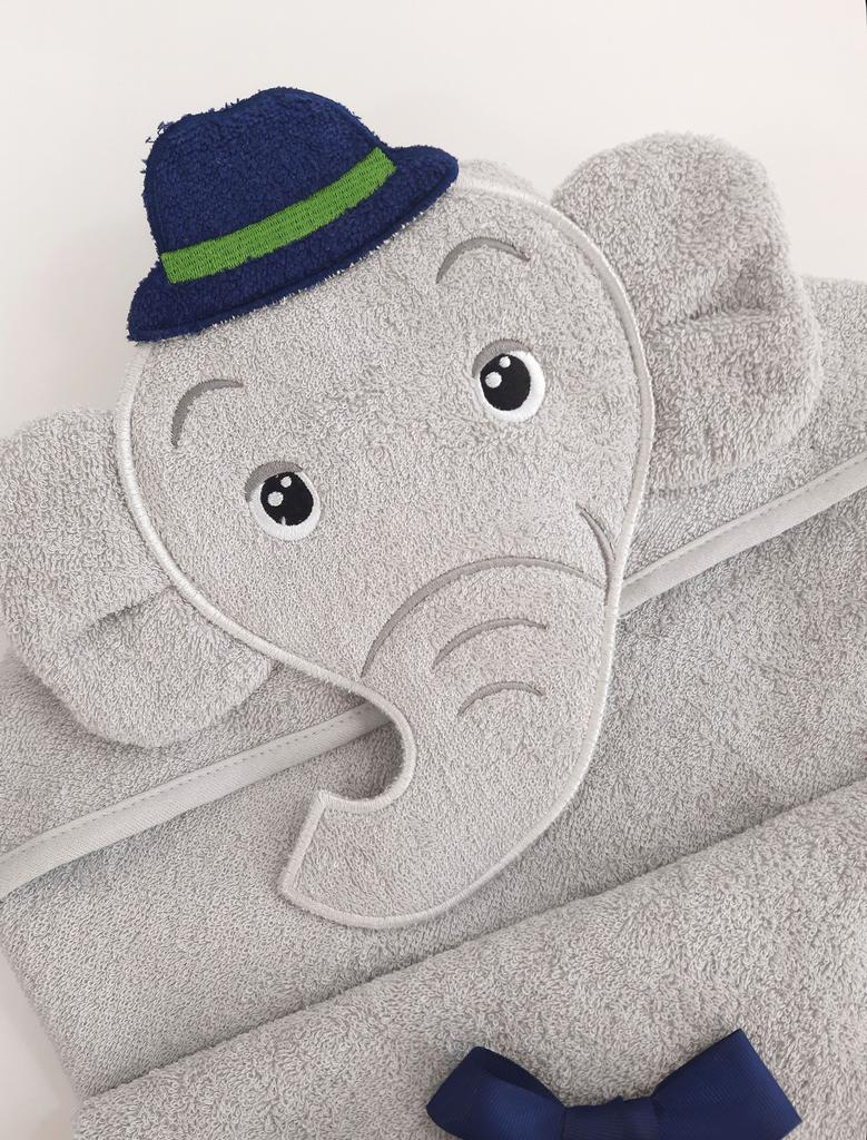 Полотенце детское, полотенце для купания с капюшоном и вышивкой «Слон джентльмен»