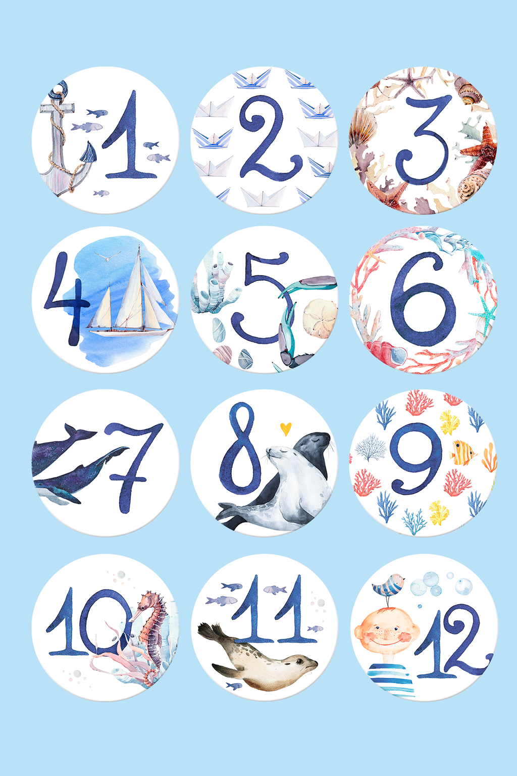12 печатных открыток по месяцам "Морской набор"