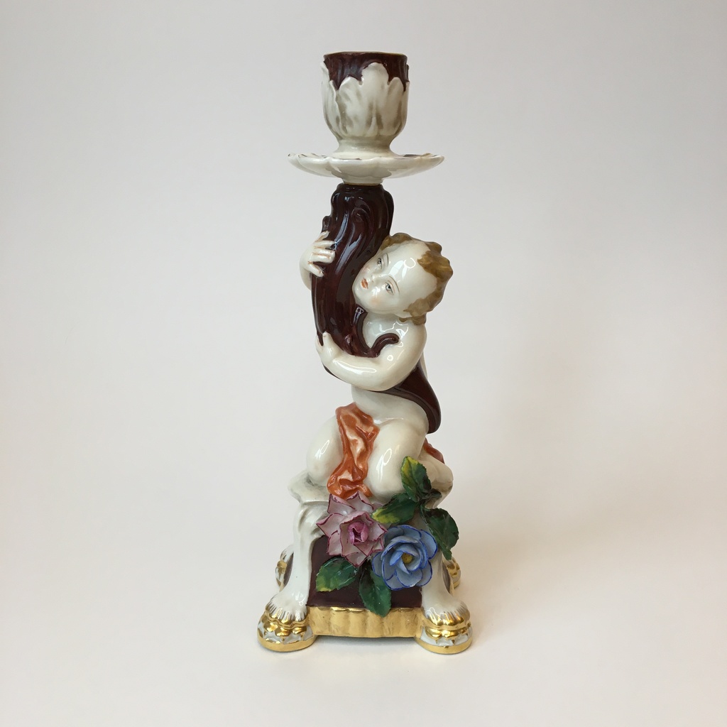 Подсвечник "Путти в Оранжевом Одеянии" Неаполь Италия 19 век ручная роспись фарфор 23 см