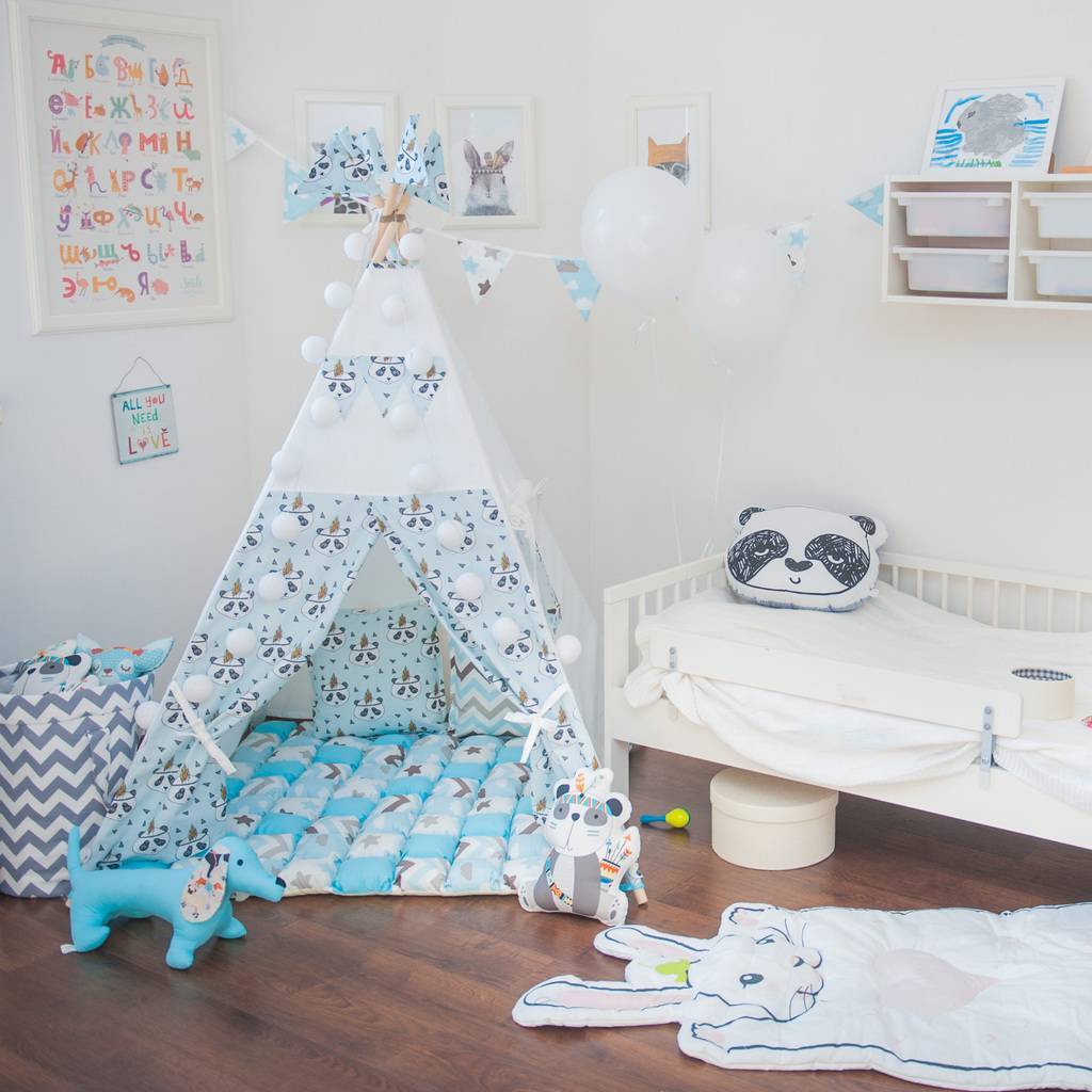 Комплект "Голубые панды" (вигвам + коврик + флажки)