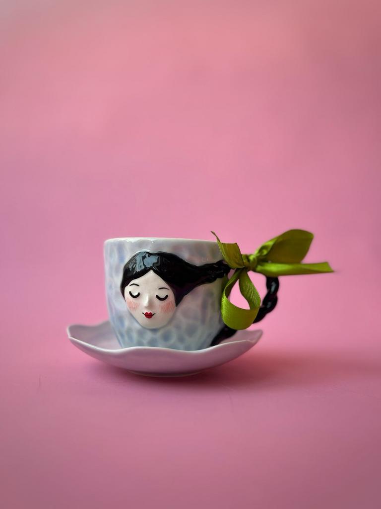 Чашка с блюдцем «Девица с косицей» Baby blue