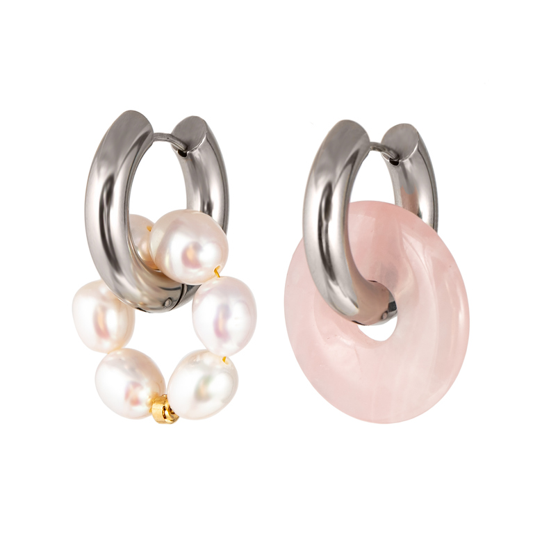 Серьги Base silver 22 мм с розовым кварцем и жемчугом