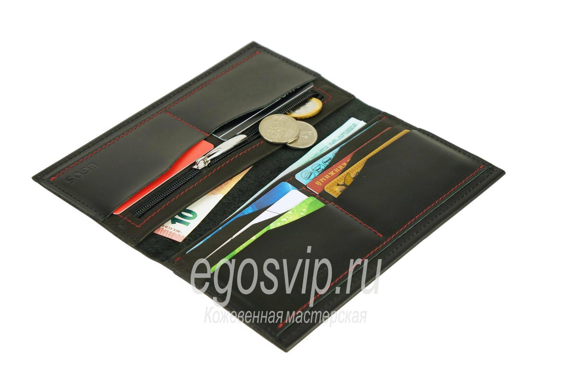 Портмоне кожаное с карманом на корпусе / модель 80 черный