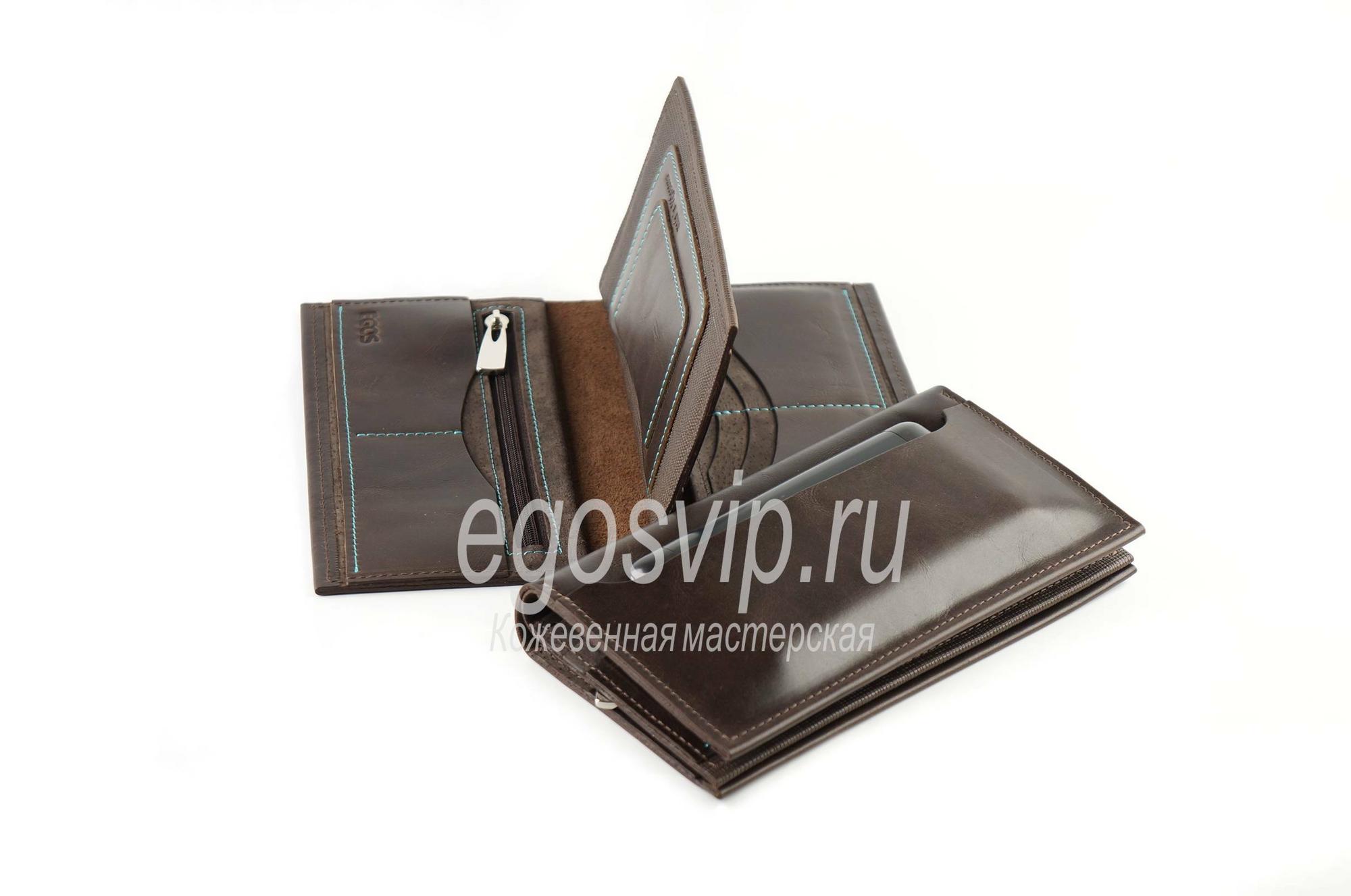 Кожаное тройное портмоне 21 карман / для денег, карт и документов / модель 83 коричневый