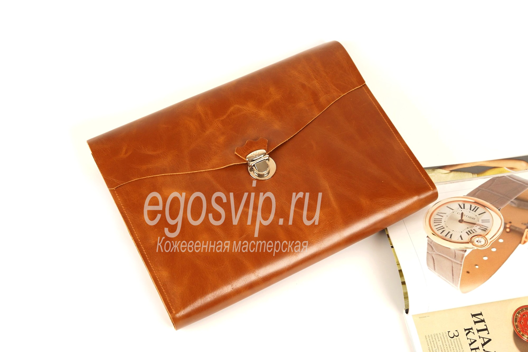 Кожаная папка-раскладушка с отделом для ноутбука или бумаг, карманами и держателем для ручки/модель 92 рыжая