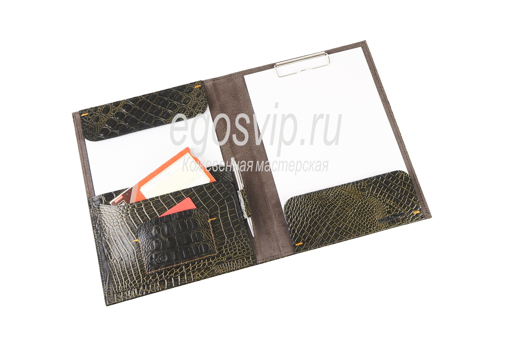 Кожаная папка с зажимом для бумаг и карманами / модель 95 крокодил олива