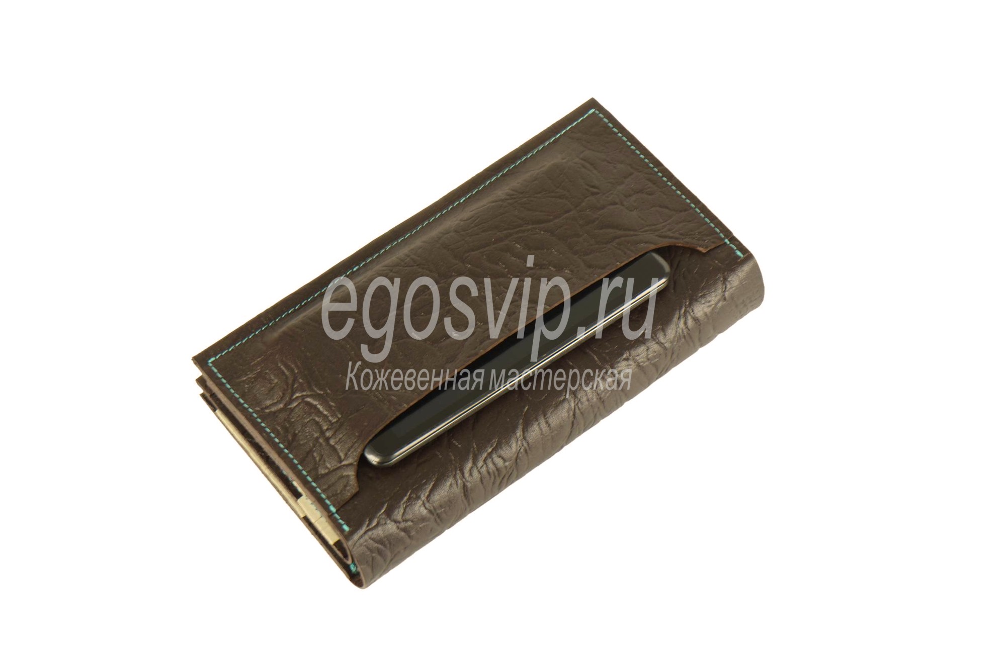 Кожаный кошелек клатч с карманом на корпусе и застежкой - хлястиком / модель 83-02 коричневый с бежевым