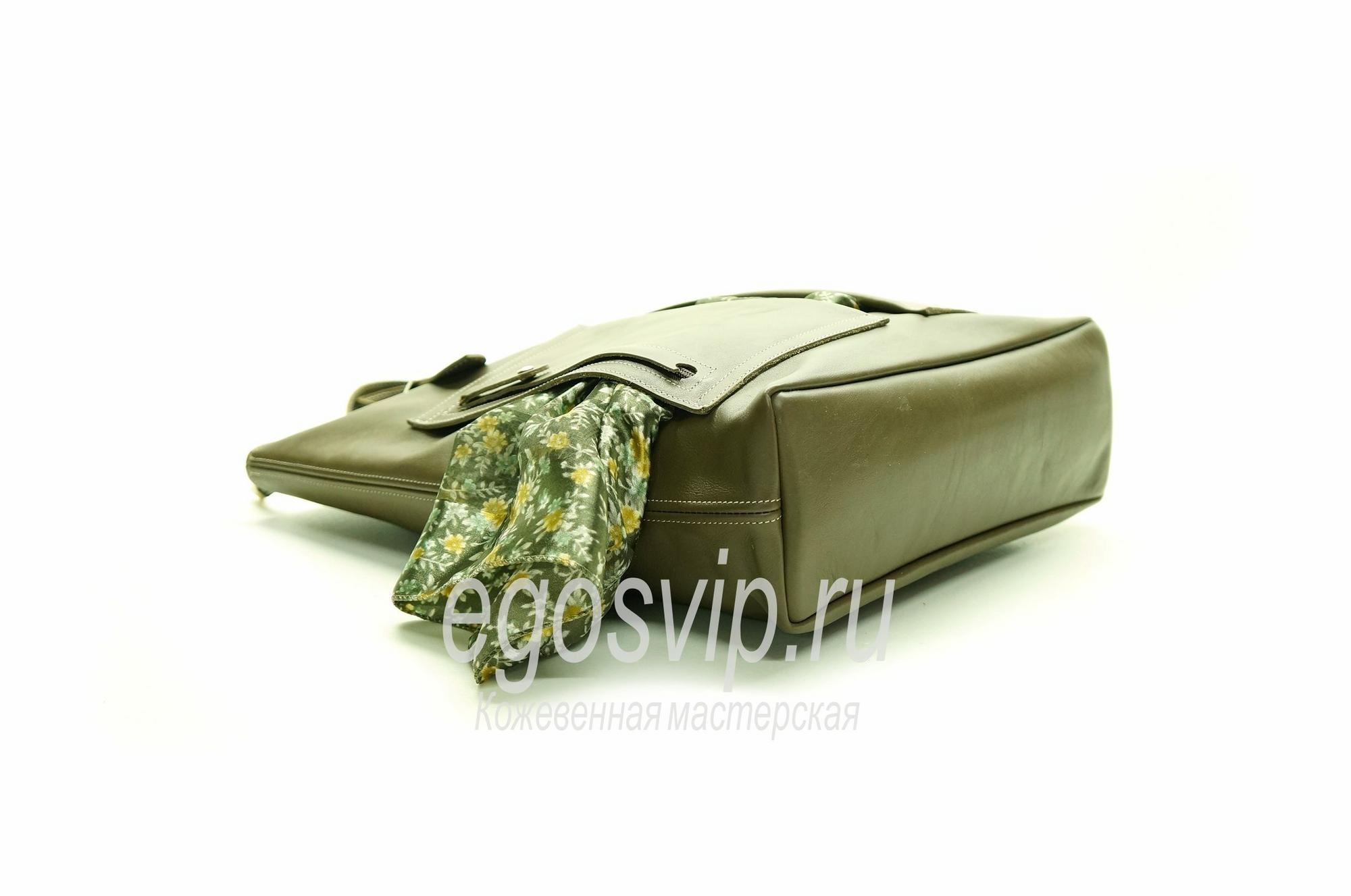 Кожаная сумка шоппер на молнии / модель 25 олива