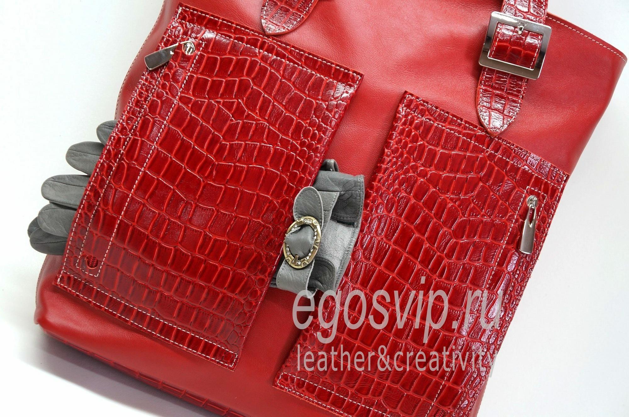 Кожаная сумка шоппер на молнии / модель 25 красная