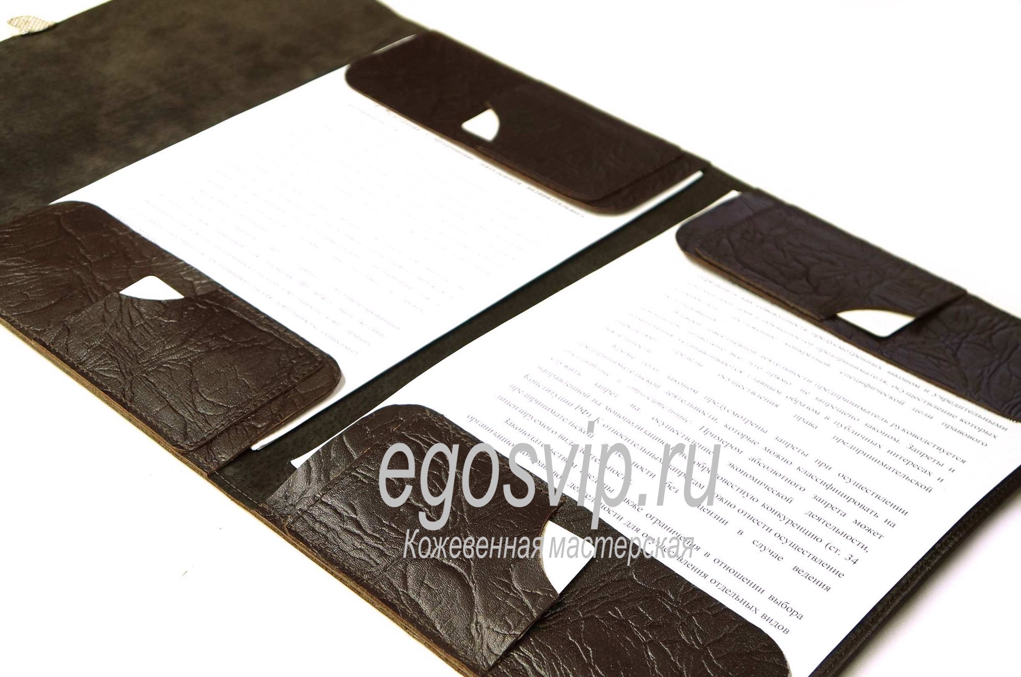 Кожаная папка раскладушка с кожаной подкладкой и карманами /модель 90 коричневая
