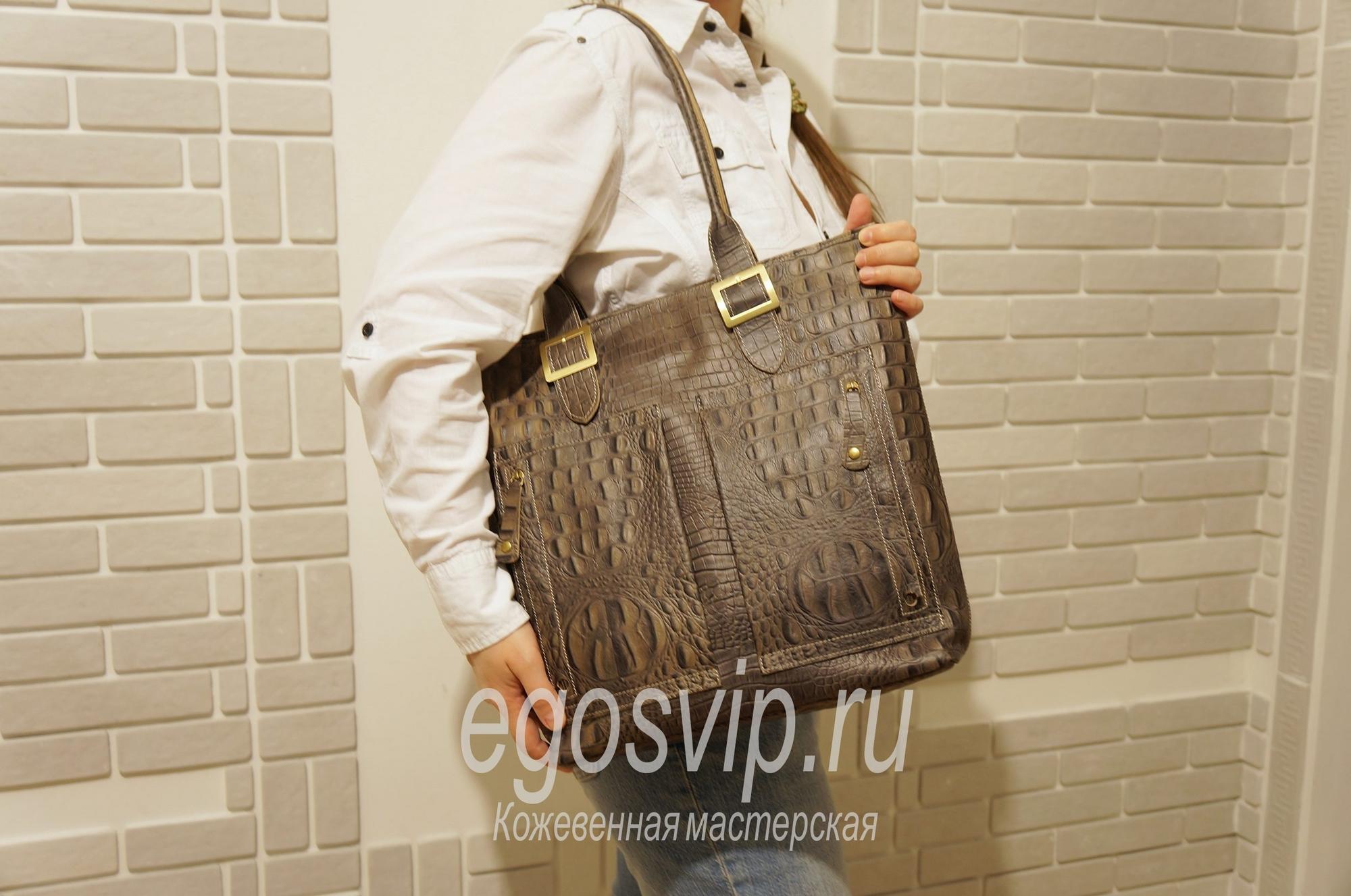 Кожаная сумка шоппер с карманами / модель 25 пепельный крокодил