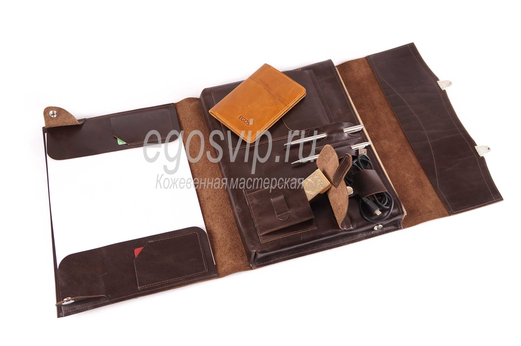 Кожаная папка-органайзер с отделом под формат А4 и карманами / модель 92-2 коричневая