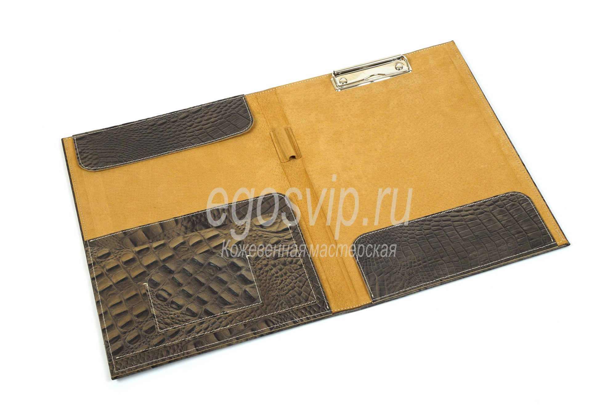 Кожаная папка с карманами и зажимом для бумаг /модель 95 пепельный крокодил