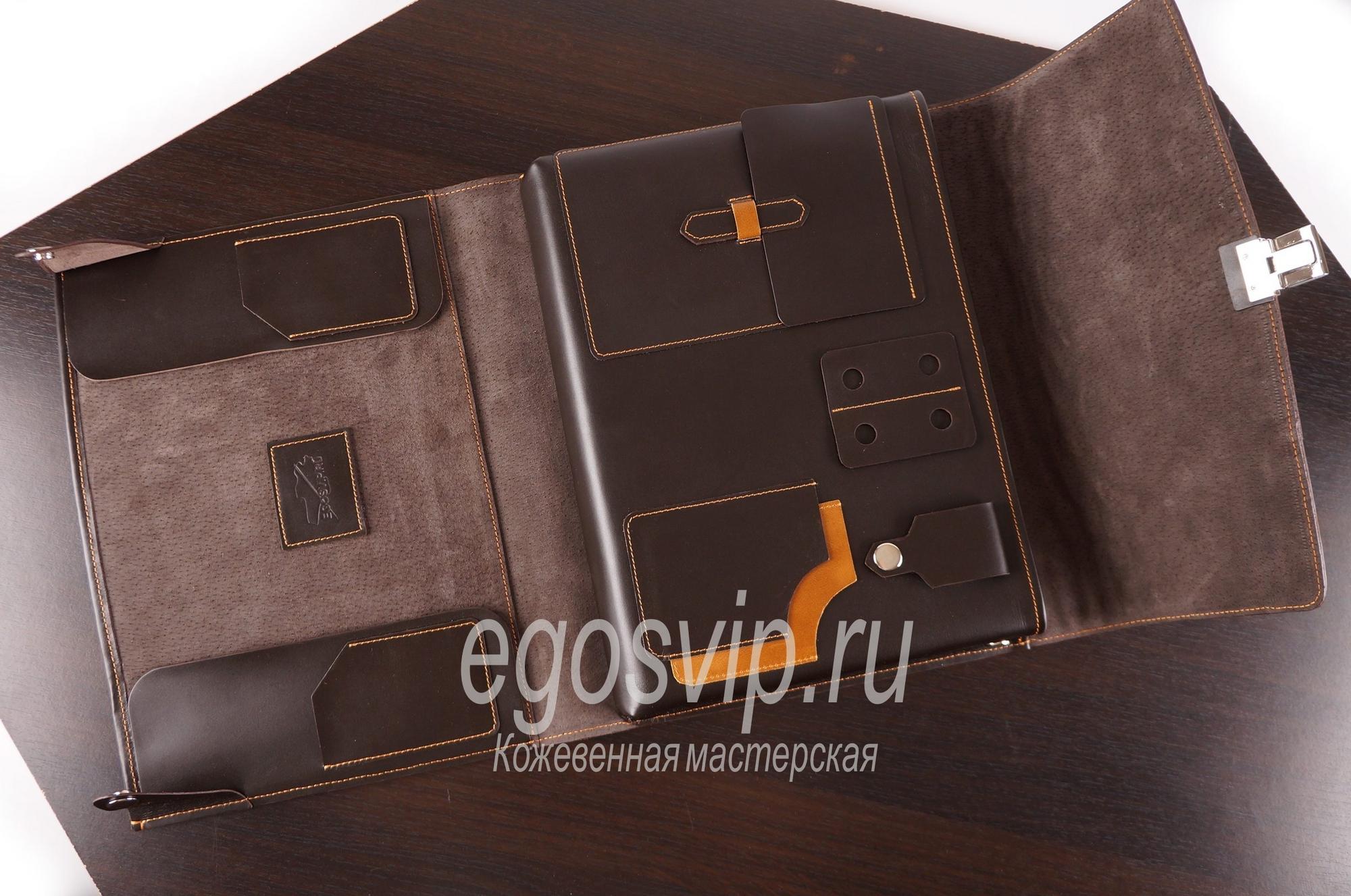 Кожаная папка-раскладушка с карманами для документов и ноутбука  / модель 92-03 коричневый
