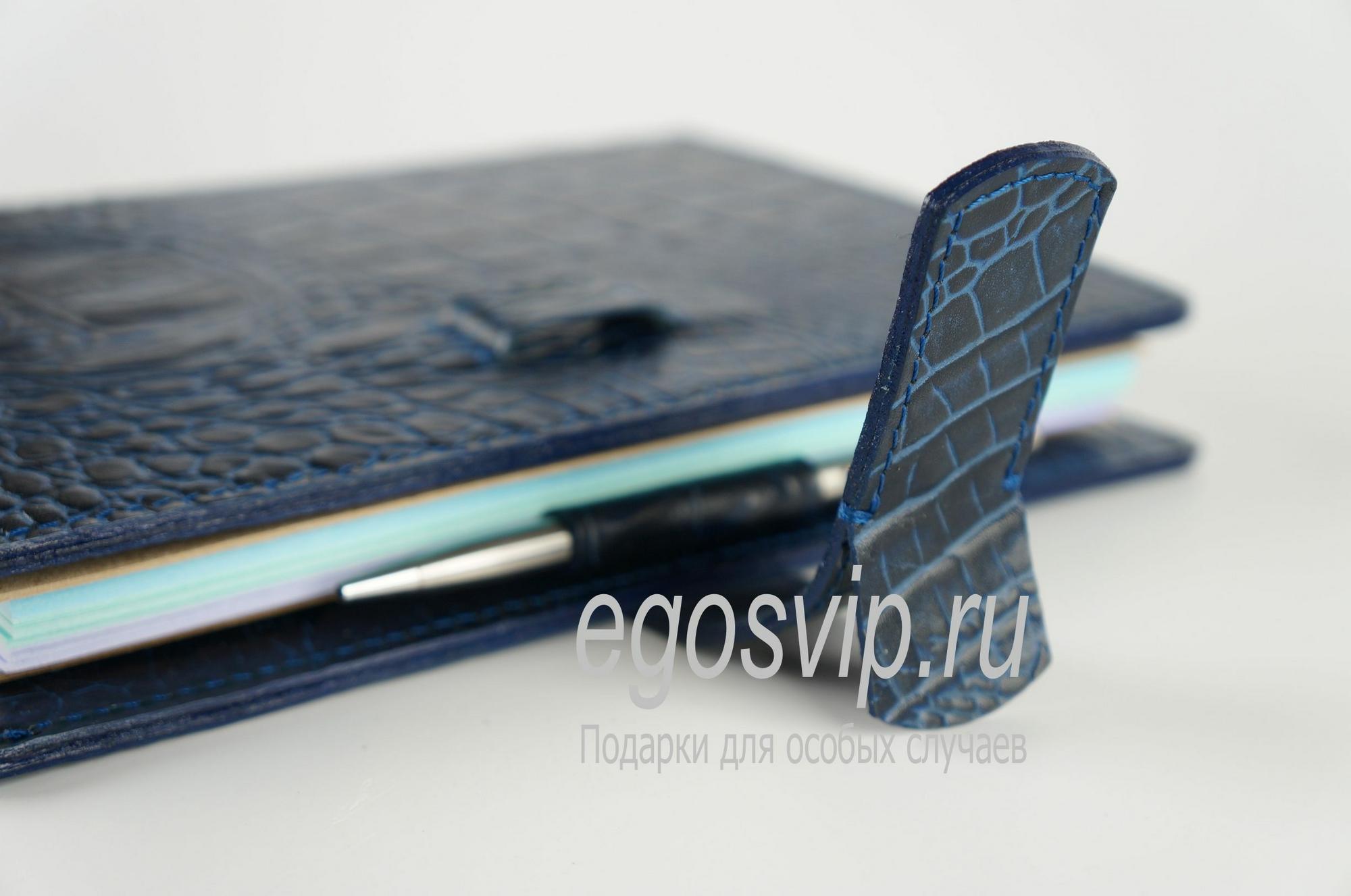 Кожаный ежедневник портфолио с твердым переплетом и кольцевым механизмом / модель 98-03 синий крокодил