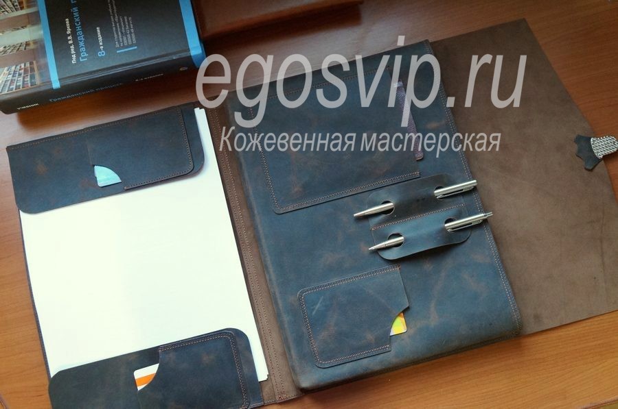 Кожаная папка-раскладушка с отделом для ноутбука и документов / модель 92 коричневая