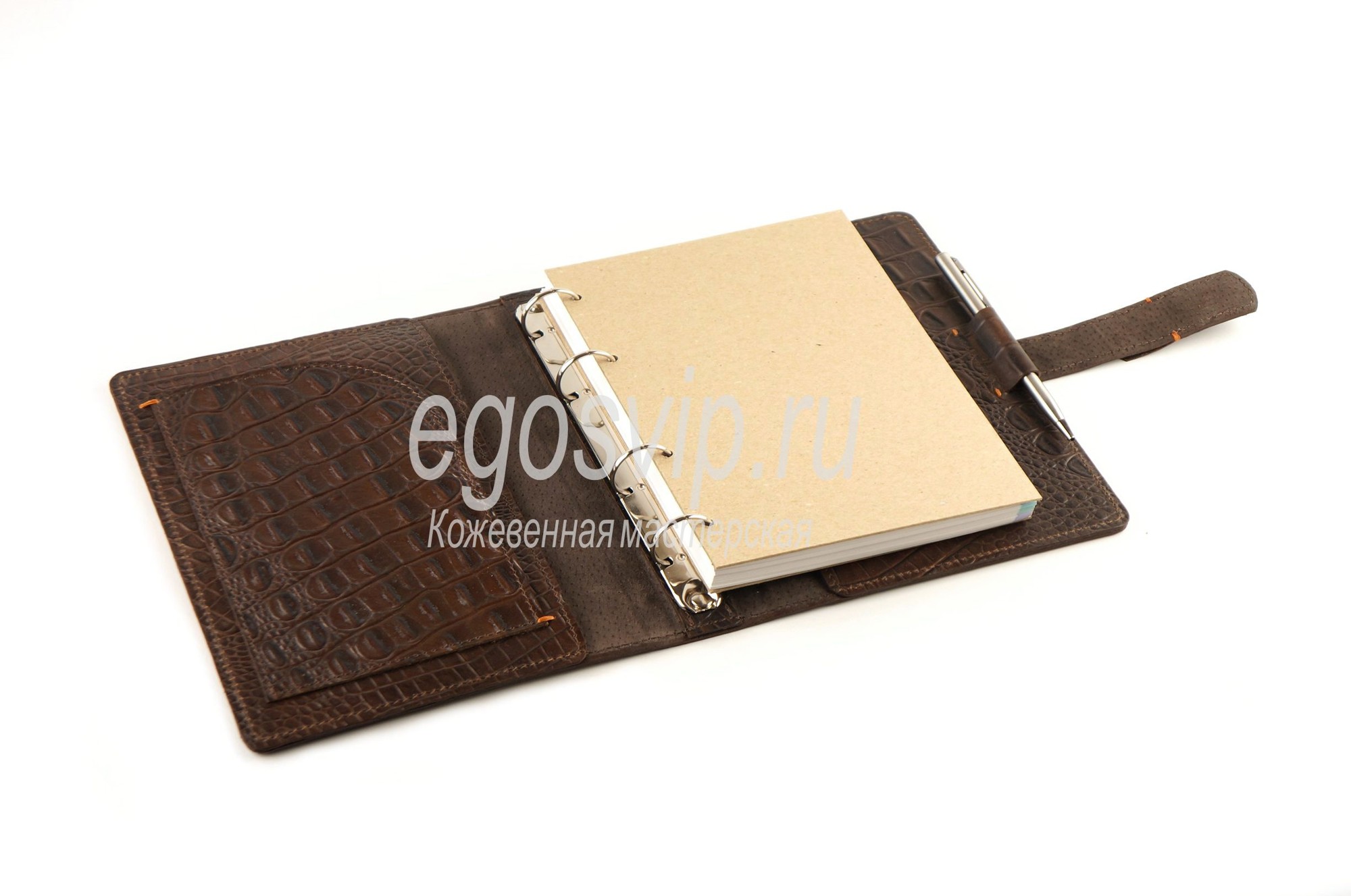 Кожаный ежедневник с твердым переплетом и кольцевым механизмом / модель 98-03 шоколадный крокодил