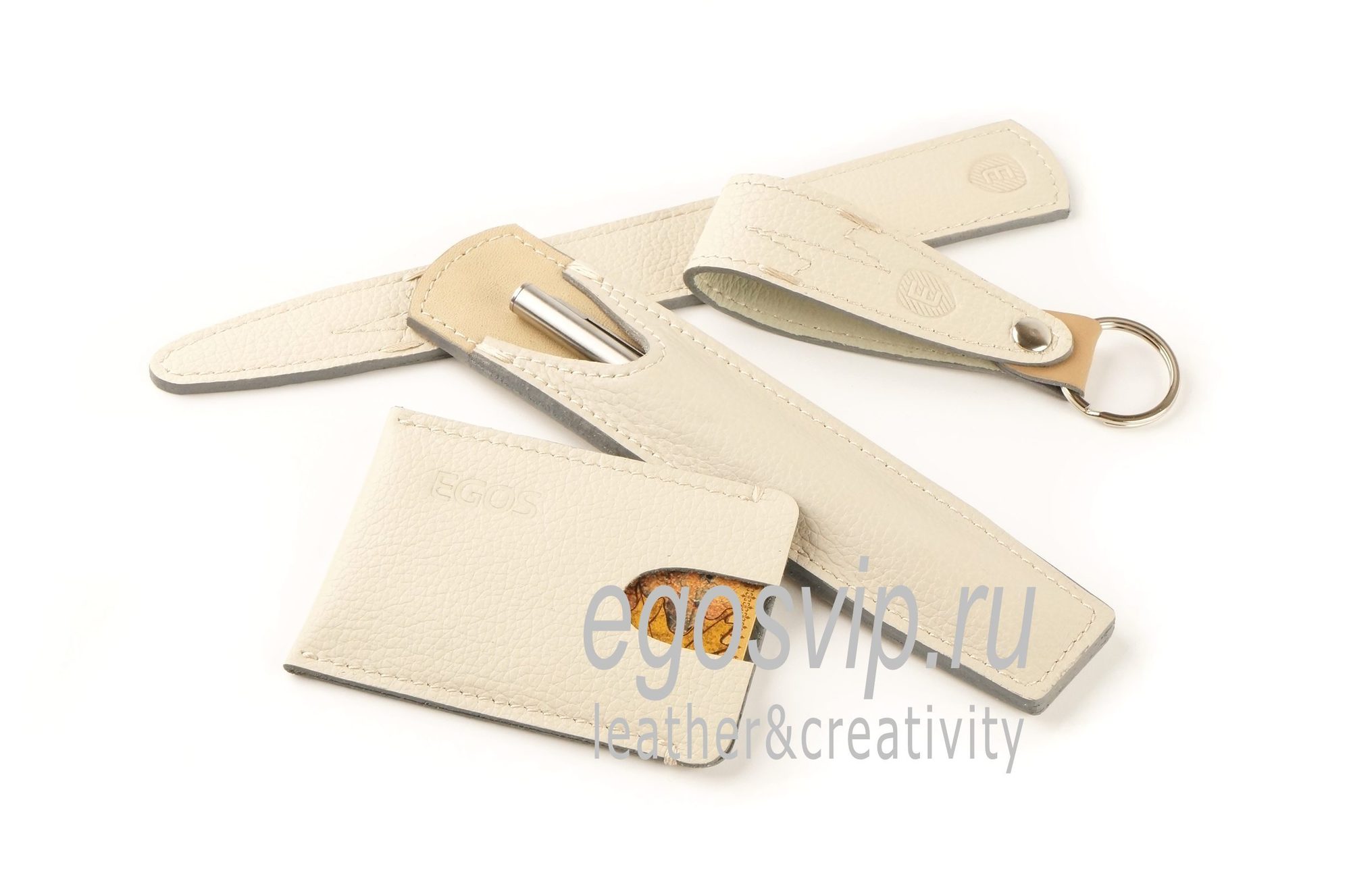 ПОДАРОЧНЫЙ НАБОР №7 -  кожаный футляр для ручки, картхолдер, брелок, закладка в книгу / бежевый