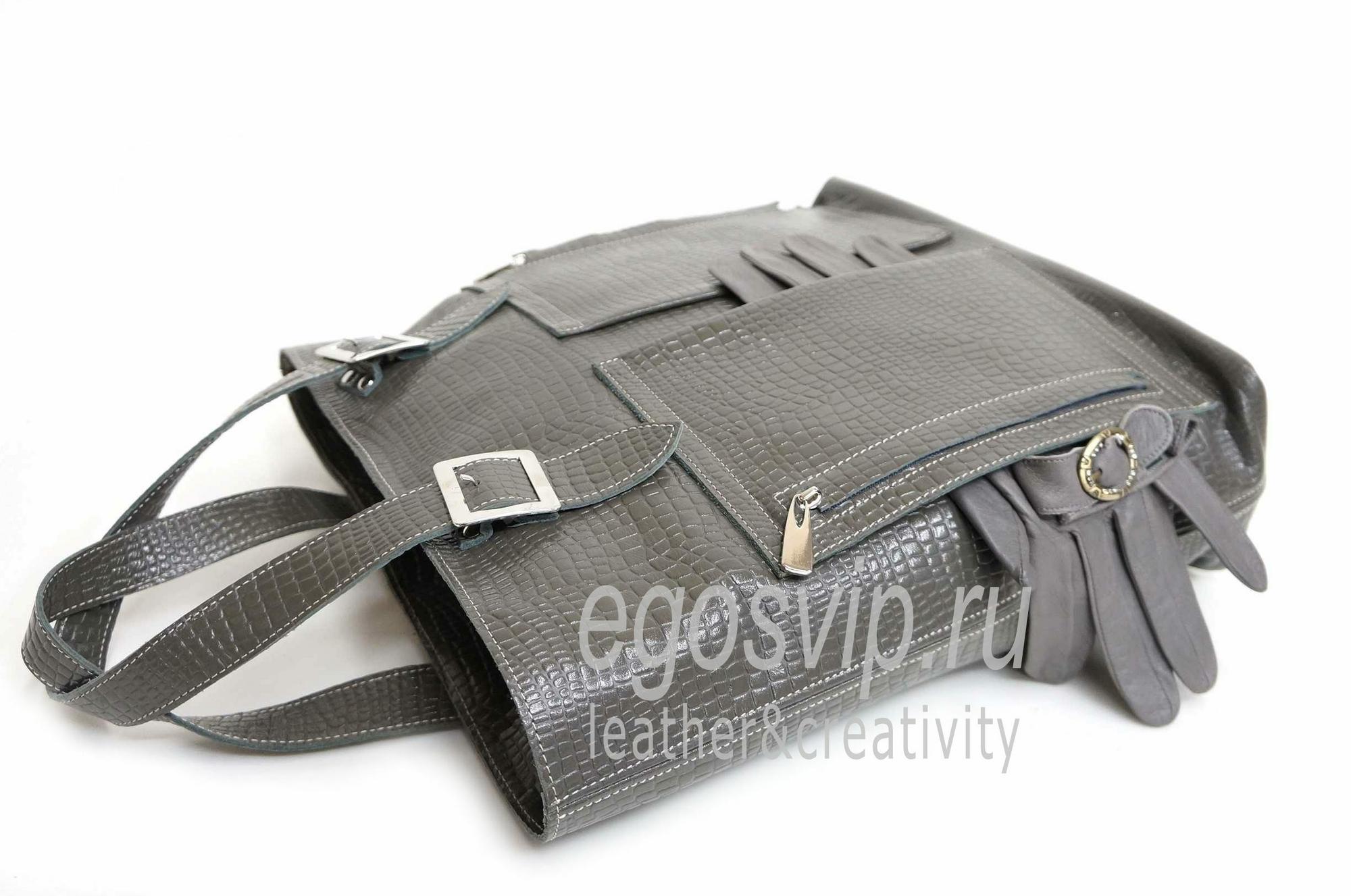 Кожаная сумка шоппер на молнии и с большими карманами / модель 25 крокодил