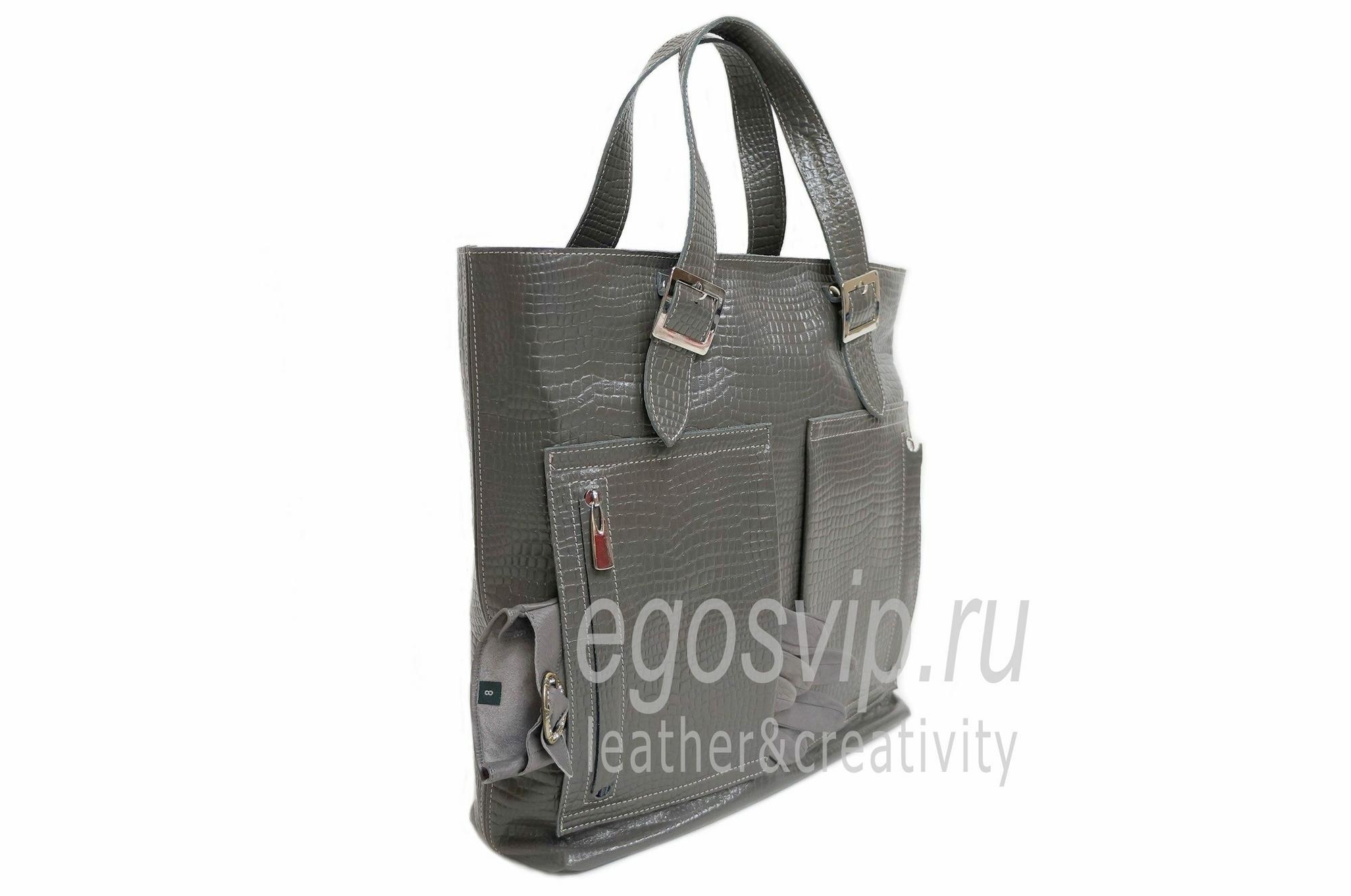 Кожаная сумка шоппер на молнии и с большими карманами / модель 25 крокодил