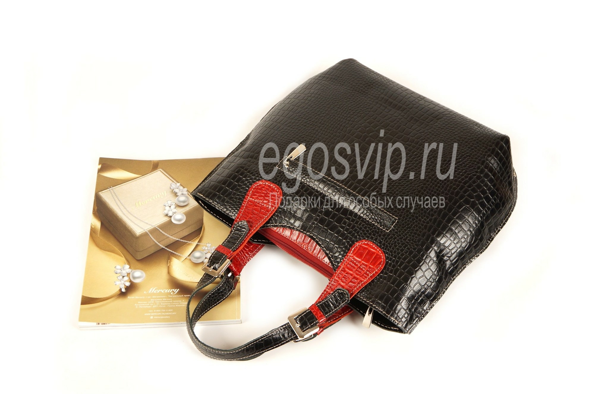 Сумка женская черная с красным из натуральной кожи / EGOS