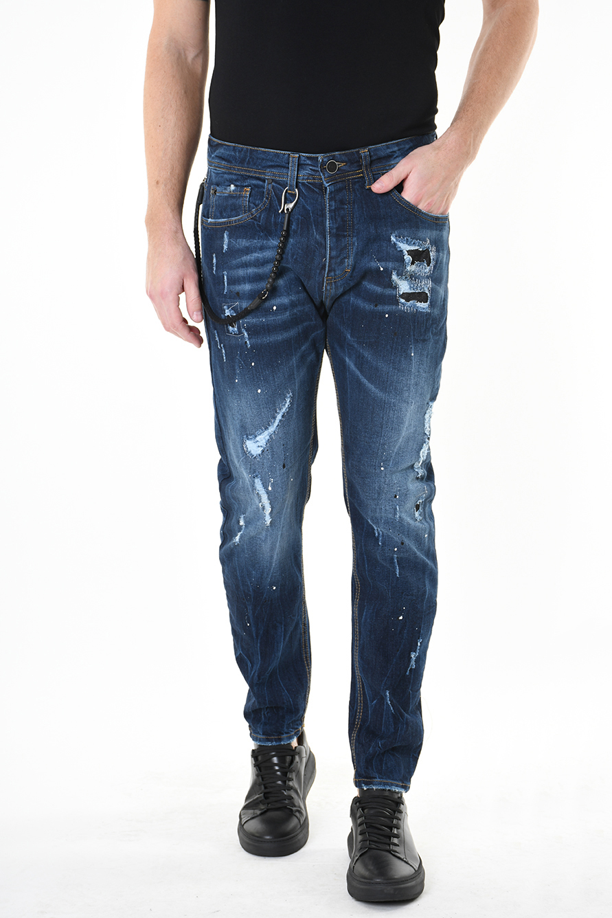 Синие джинсы декорированные заплатами и прорехами Xagon