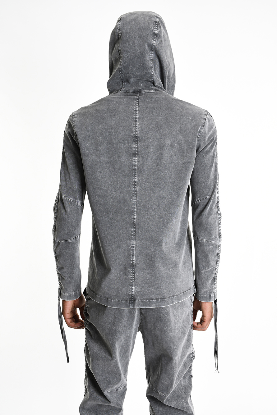 Жакет с капюшоном косой застежкой и кулисками на рукавах LH