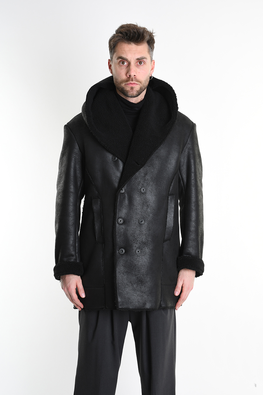 Двубортная дубленка из искусственной овчины с необработанными краями LH