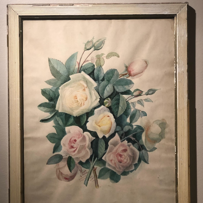 Старинная акварель "РОЗЫ" 1908 г, 36х47