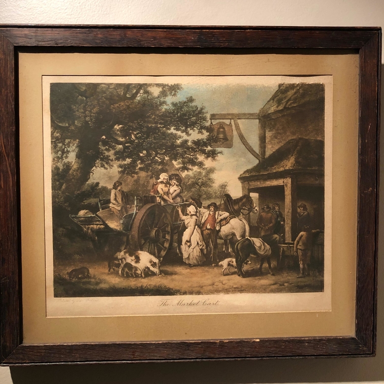 Старинная ГРАВЮРА, 42х37 "The market cart", Монако