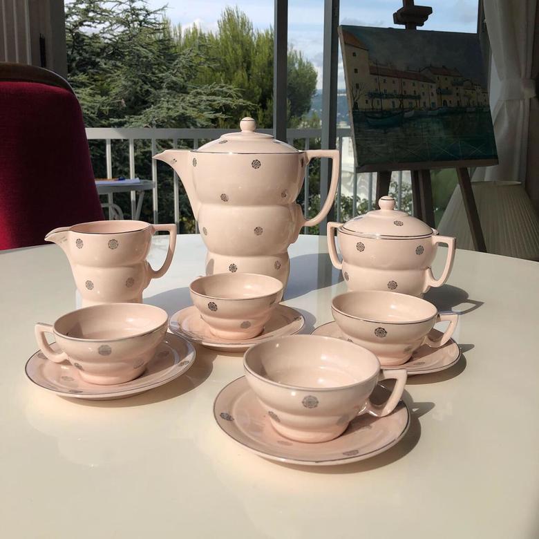 Сервиз кофейный на 4 персоны, 11 предметов/розовый/костяной фарфор/Чехословакия