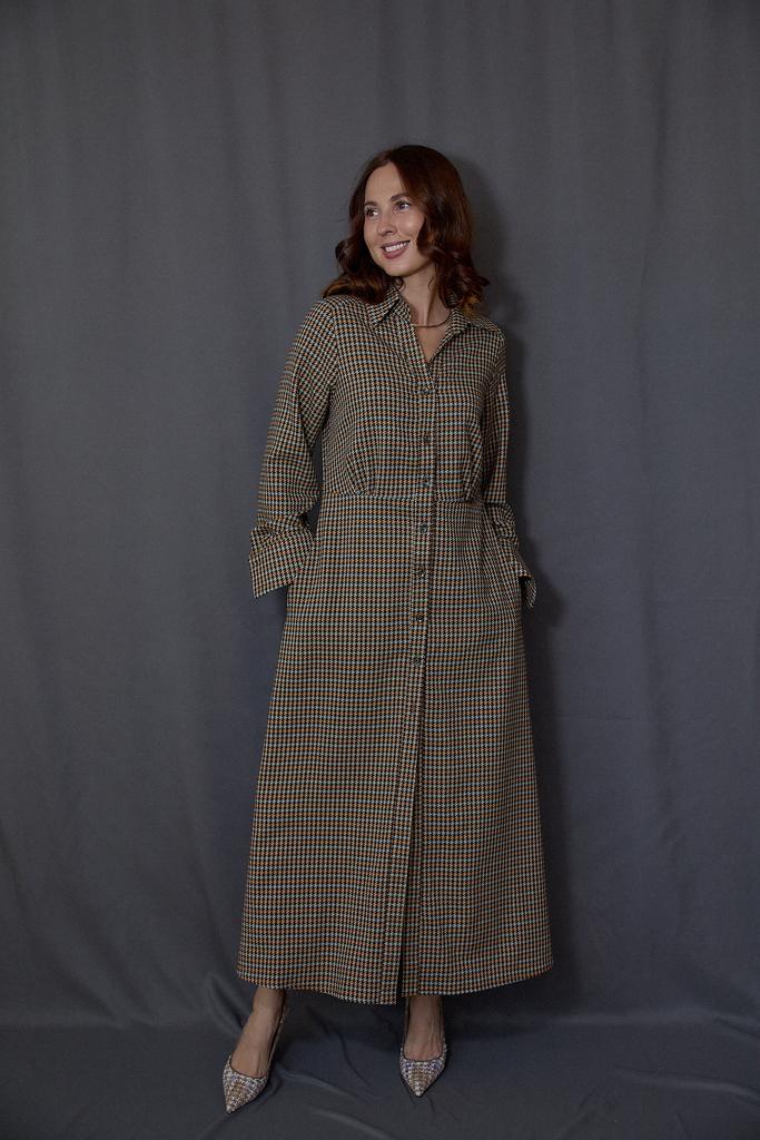 Платье из вискозы и шерсти гусиная лапка горчичные  тона