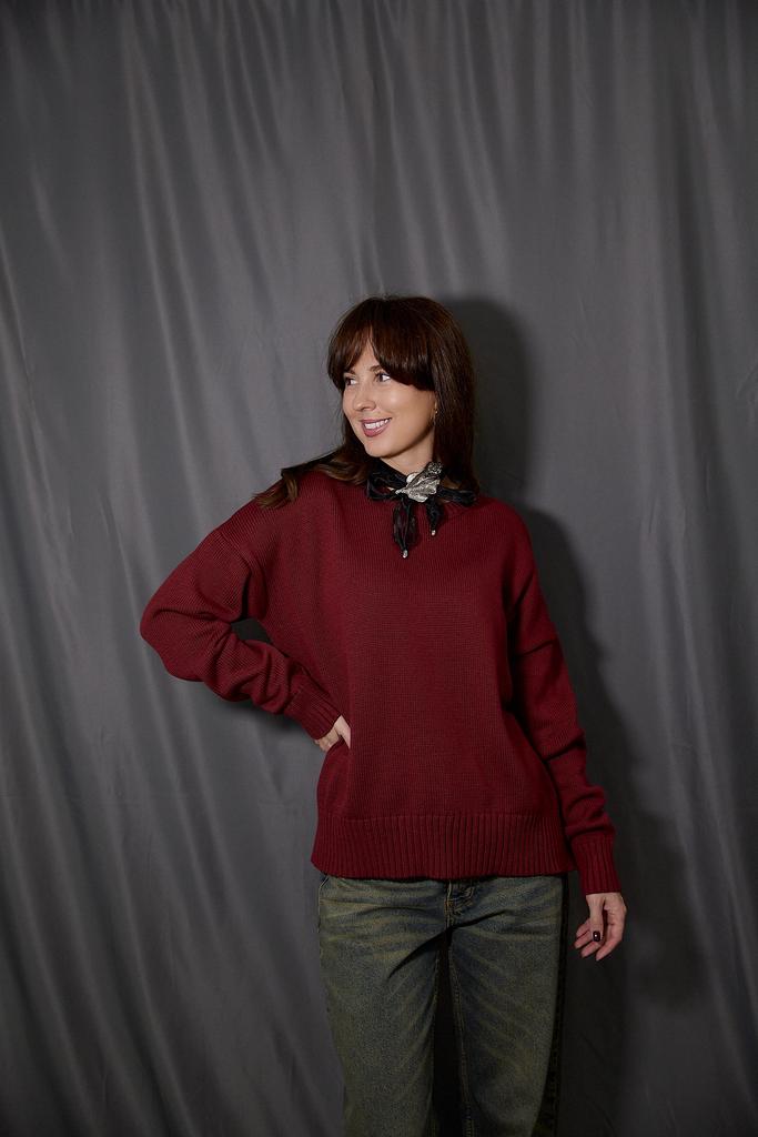 Джемпер из хлопка с круглым вырезом бордо