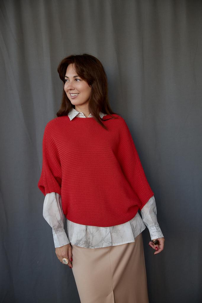 Джемпер летучая мышь  из  хлопка красный цвет