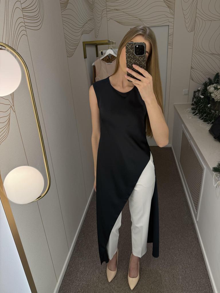 Топ синий  длинный асимметричный  из атласной  вискозы