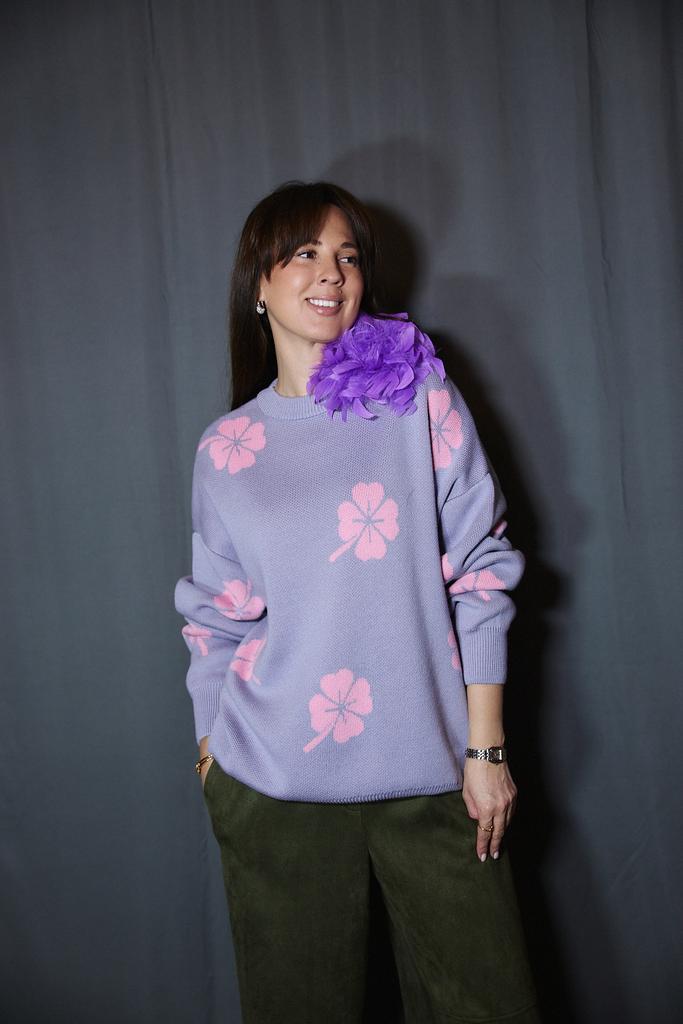 Джемпер с круглым вырезом  серый с клевером