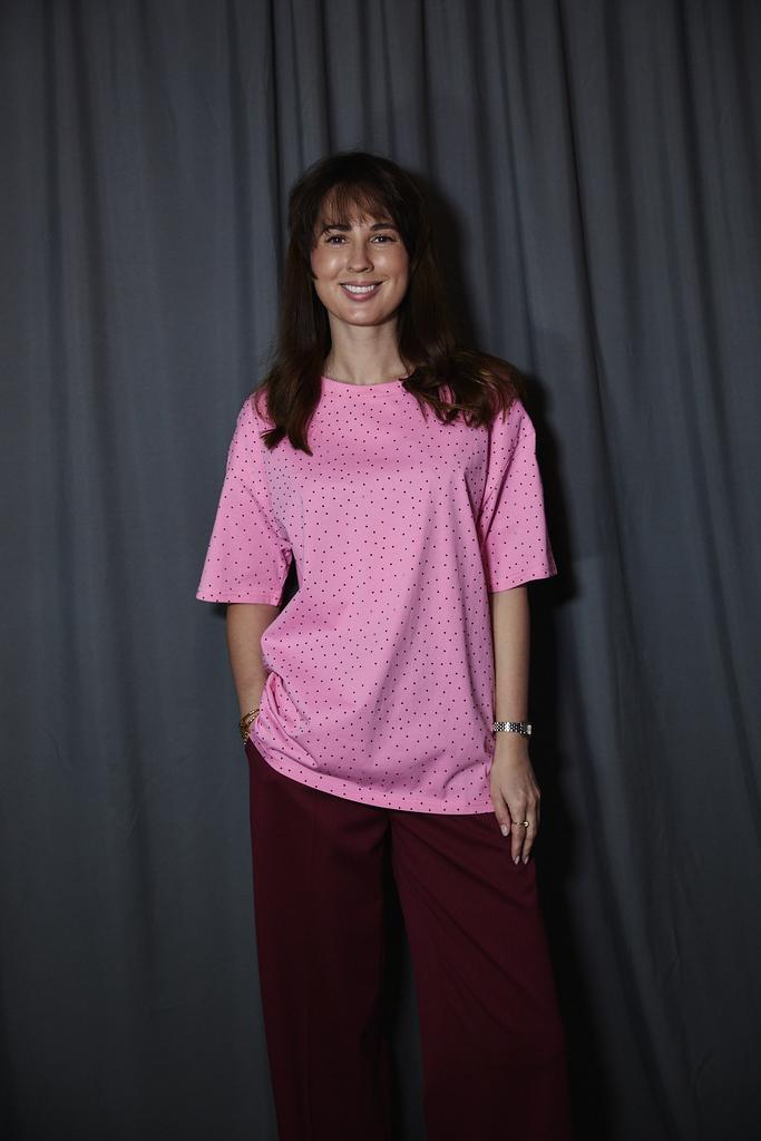 Футболка  со стразами розовая из хлопка ОВЕРСАЙЗ