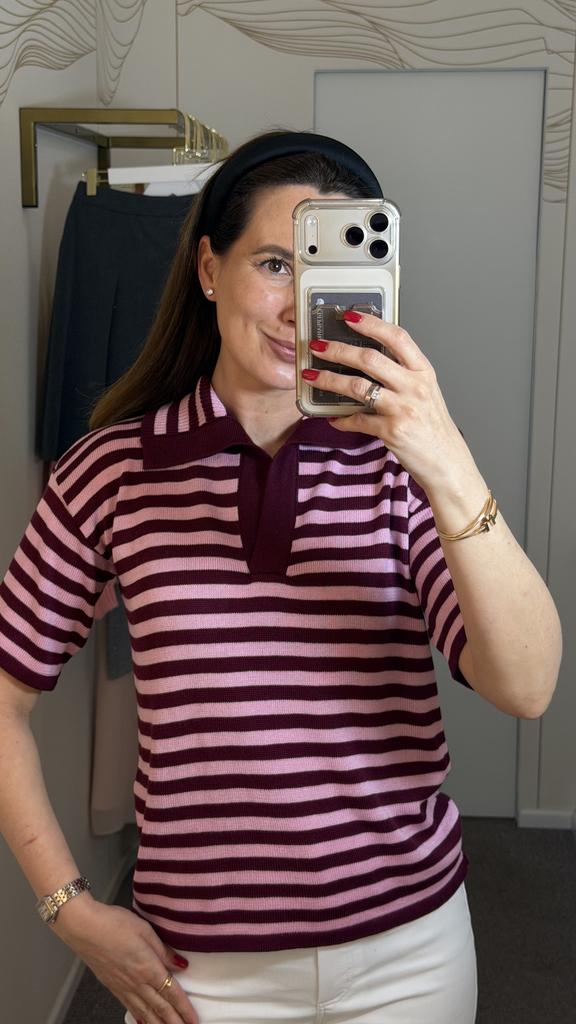 Футболка-поло розовая с бордовым с  отложным воротником