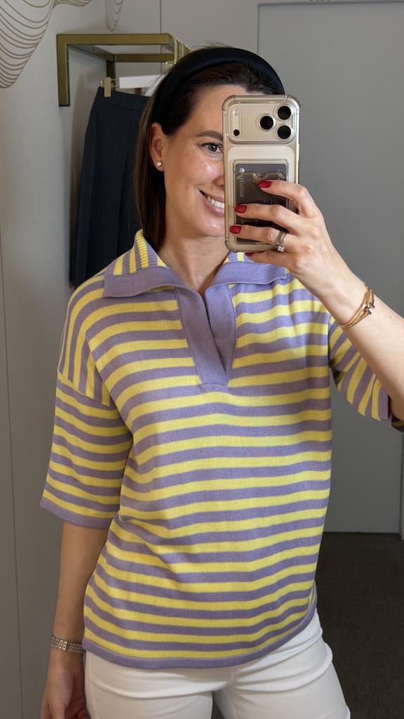 Футболка-поло желтая с сиреневым с  отложным воротником