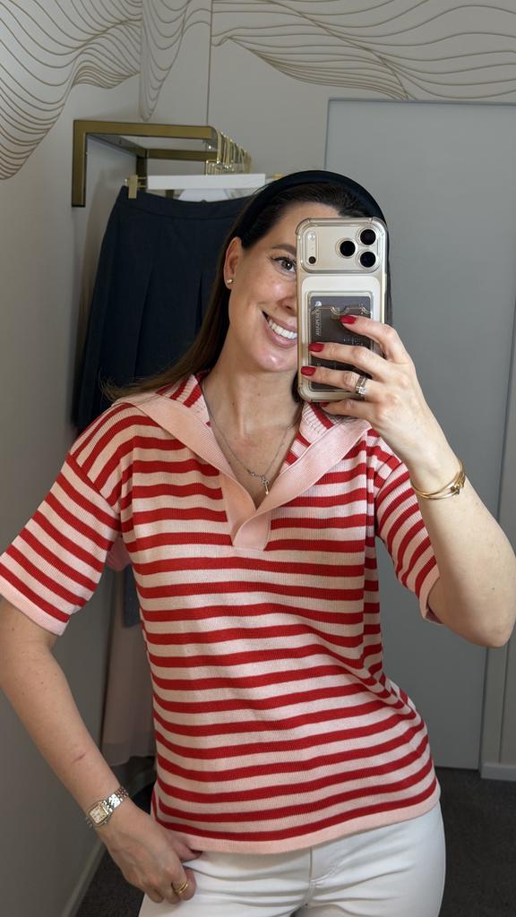 Футболка-поло красный с розовым  с  отложным воротником