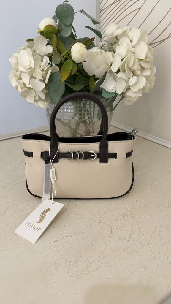 Сумка бежево-розовая с коричневым Кантом из натуральной кожи