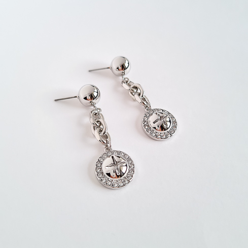 Серьги серебристые шарики с цепочкой и медальками