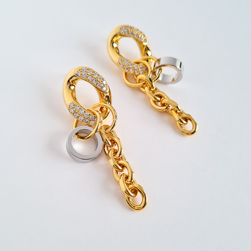 Биколорные серьги звенья с кристаллами и цепочкой