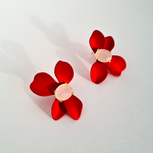 Серьги NUANCE красные цветы с кристаллами
