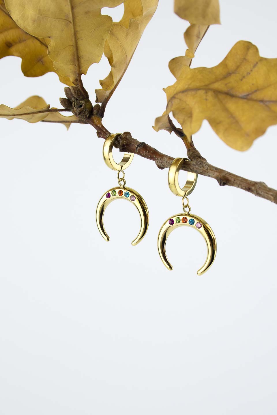 Серьги ELINICE золотистые лунница с цветными кристаллами