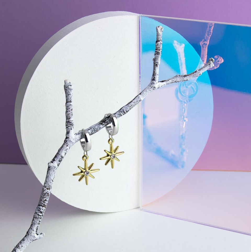 Серьги ELINICE биколорные кольца с подвесными звёздочками