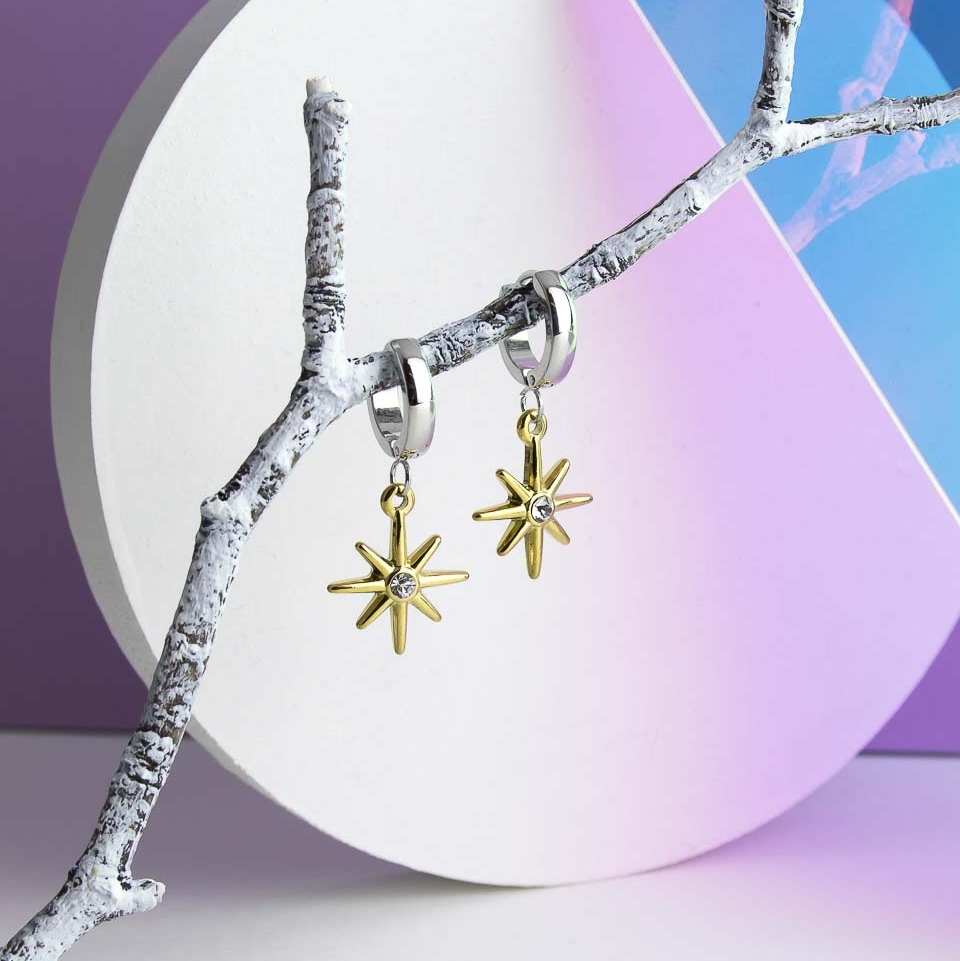 Серьги ELINICE биколорные кольца с подвесными звёздочками