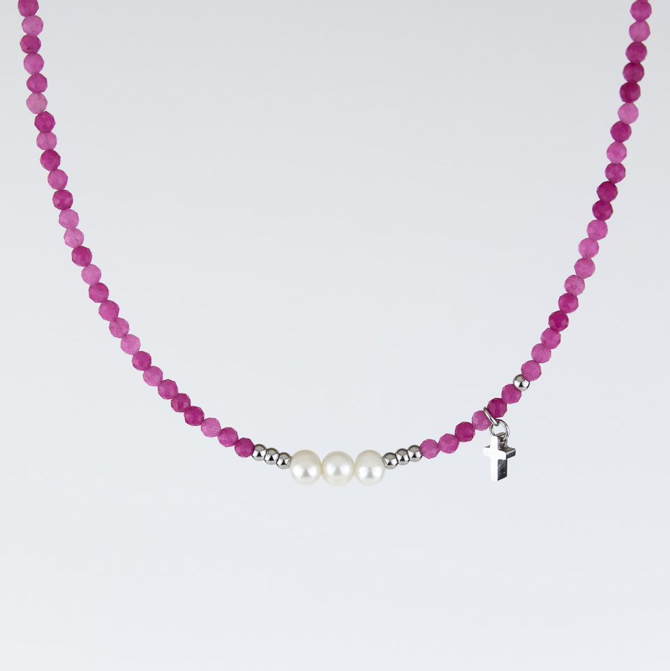 Чокер ELINICE из халцедона с жемчугом и крестиком