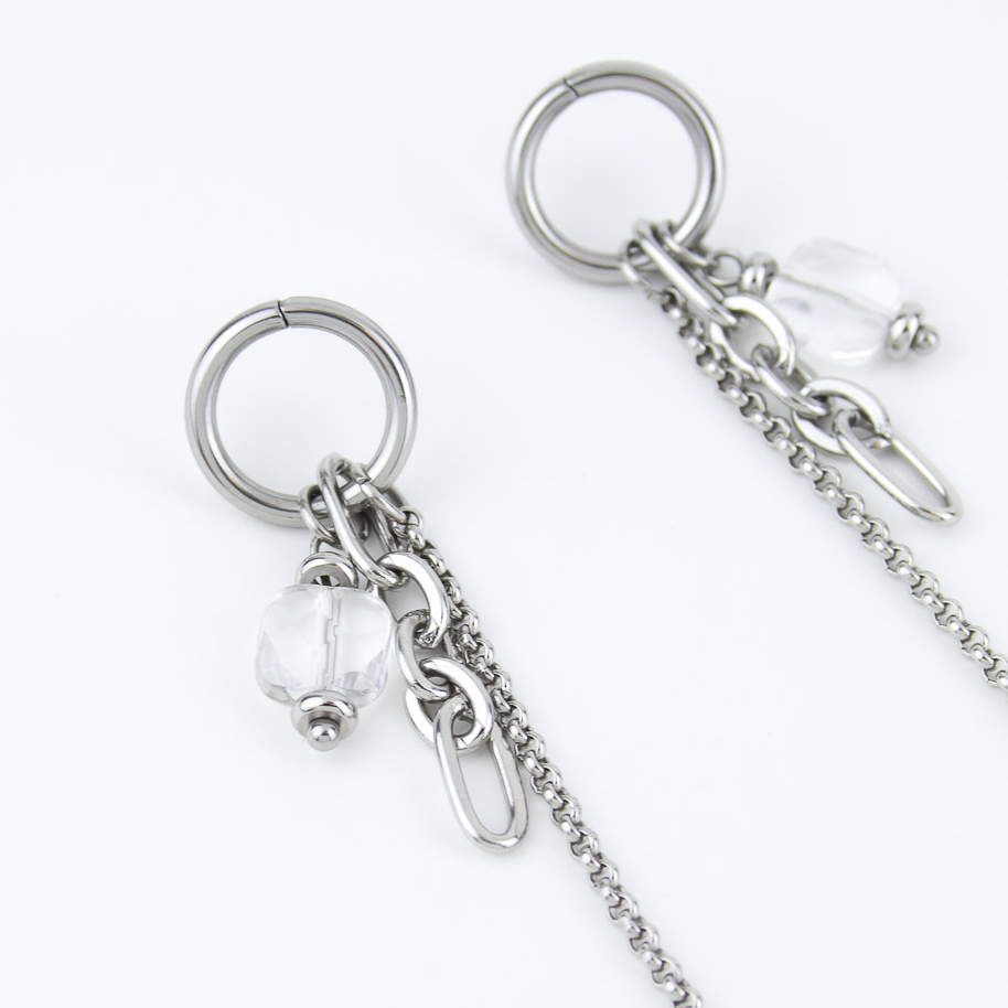 Серьги ELINICE серебристые кисточки из разных цепочек с горным хрусталём