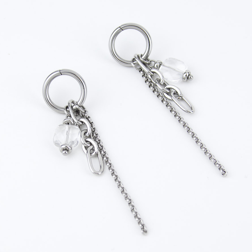 Серьги ELINICE серебристые кисточки из разных цепочек с горным хрусталём